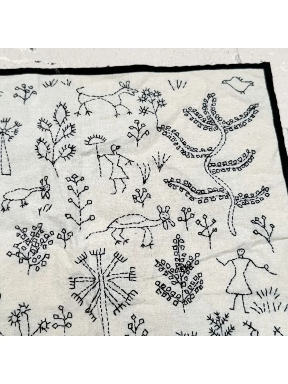 Hand Embroidered Square Pillow Cover Farmhouse People Animals Trees Floral Black